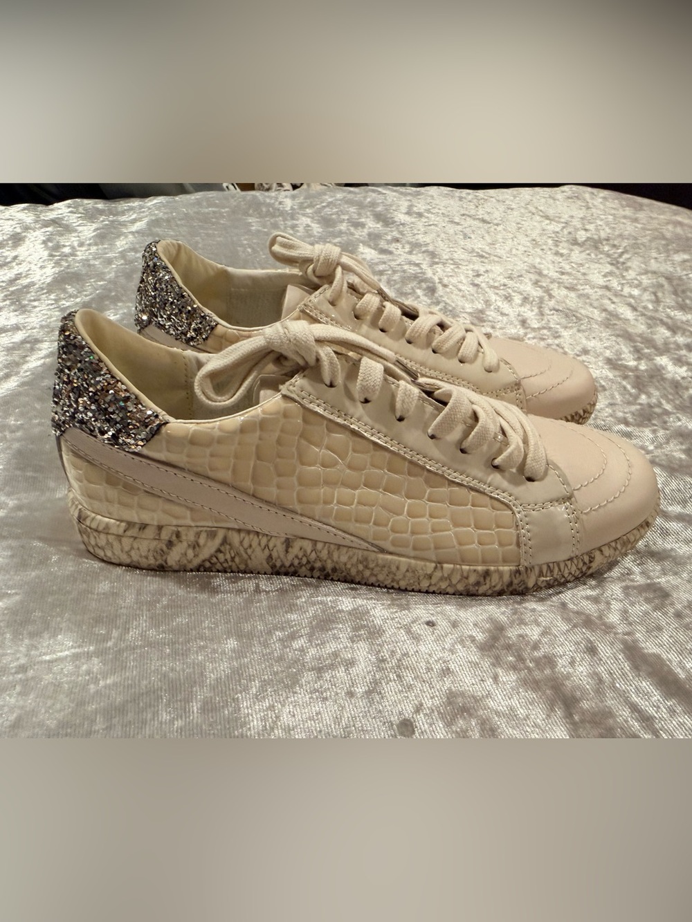 Dolce Vita Cream Croc-Embossed Sneakers with Glitter Heel-8